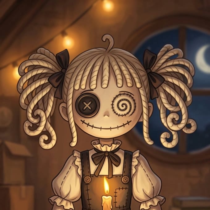 Hollow Belle, a rag doll with rope ringlet pigtails, one button eye and one spiral-stitched eye, holding a lit candle below a round attic window with a crescent moon.