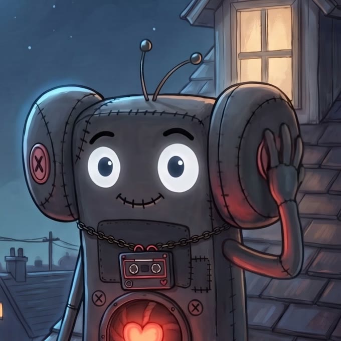 Boombeau, a boxy charcoal speaker toy with antennae and round speaker ears, a coral heart glowing in the spiral cone of his chest, raising a hand.