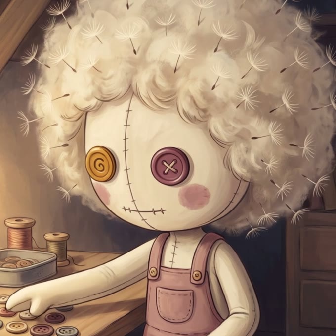 Dandelion Mend, a rag doll with dandelion-fluff hair shedding seeds, one gold spiral button eye, in pink patchwork overalls at a table of buttons and thread.