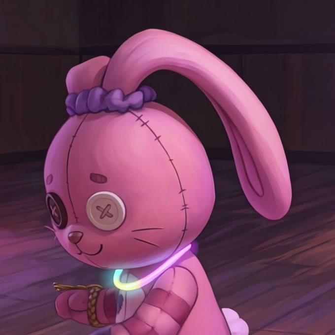 Neon Ricochet, a pink bunny toy with a button eye, a purple scrunchie, a glowing necklace and a friendship bracelet, sitting on the attic floor.