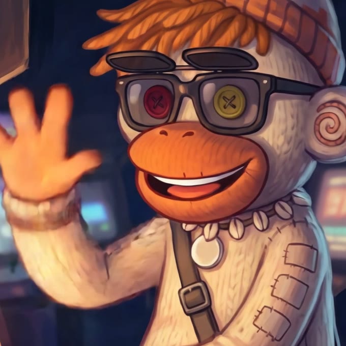 Pixel Vex, a cream sock-monkey toy in an orange knitted beanie and dark glasses over mismatched button eyes, waving in front of lit arcade cabinets.