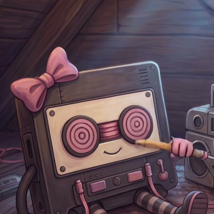 Reely, a cassette-tape toy with two pink spiral reel eyes and a pink bow, winding her tape with a pencil beside a boombox in the attic.