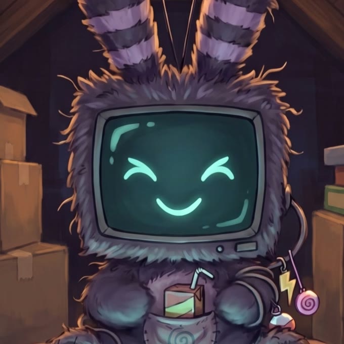 Static, a fuzzy purple-grey television-shaped toy with tall rabbit ears, his screen showing a squinting smile, a juice carton tucked in his pocket.