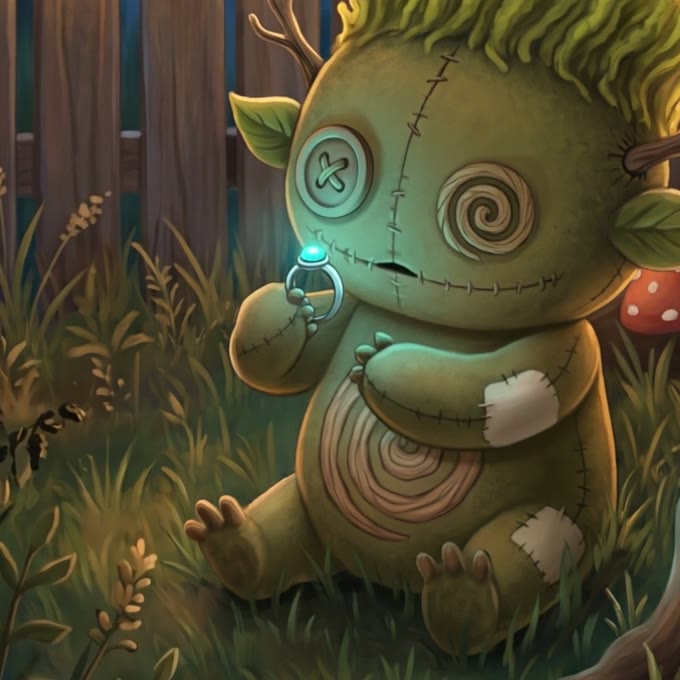 Tanglewood, a mossy green creature with twig antlers, one button eye, one spiral eye and a wood-grain spiral belly, holding a small glowing light in the grass.