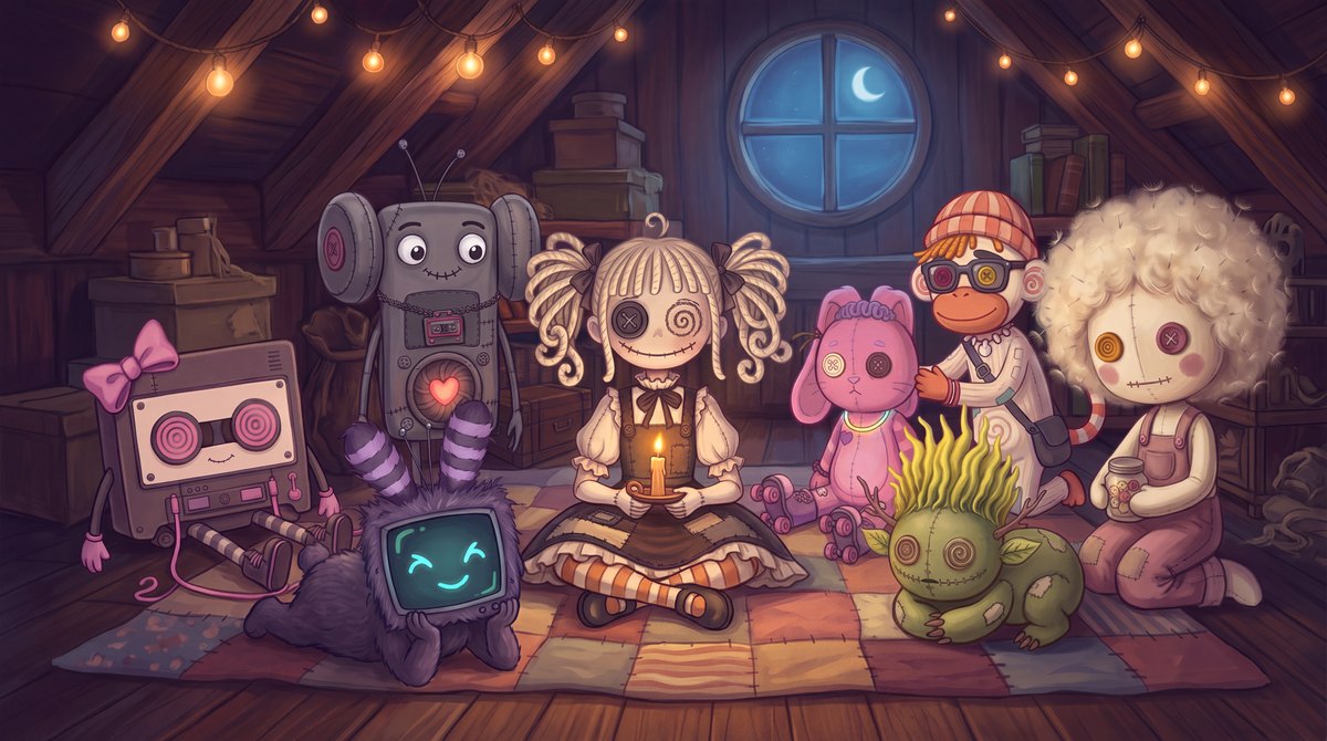 A painted attic at night: eight handmade toys gathered on a patchwork quilt, Hollow Belle in the middle holding her lit candle.