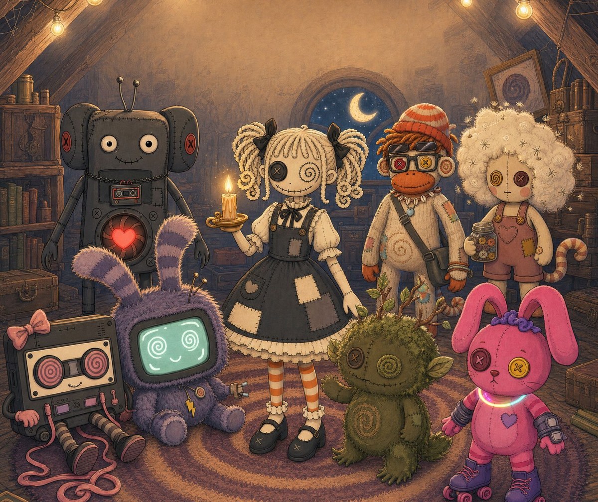 Eight handmade toys gathered on a rug in a candlelit attic at night, beneath a round window showing a crescent moon: a speaker toy, a rag doll with a candle, a sock monkey in a beanie, a dandelion-haired doll, a cassette toy, a television toy with rabbit ears, a mossy green creature and a pink bunny on roller skates.