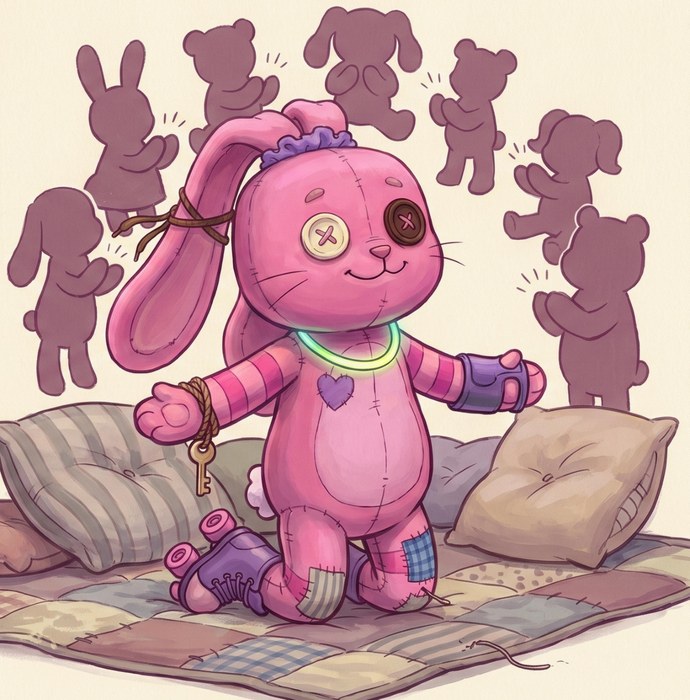 Page from Both Knees: Neon stands on a patchwork blanket with her arms out, applauding shadow figures behind her.