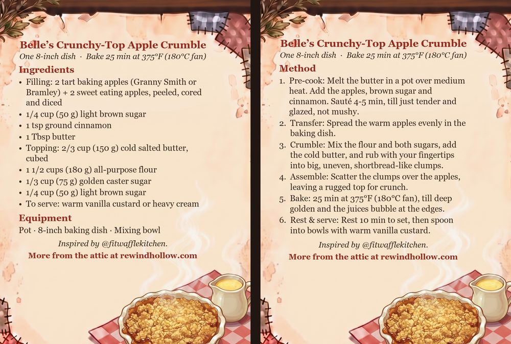 The printable recipe cards for Belle&rsquo;s Crunchy-Top Apple Crumble: an Ingredients card and a Method card on aged parchment, side by side.