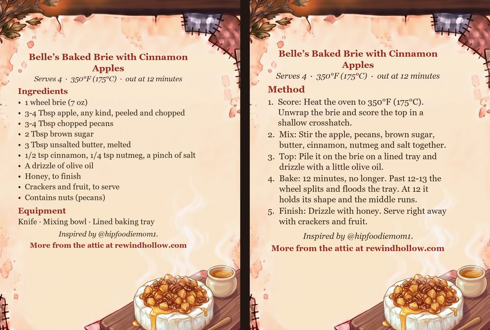 The printable recipe cards for Belle&rsquo;s Baked Brie with Cinnamon Apples: an Ingredients card and a Method card on aged parchment, side by side.