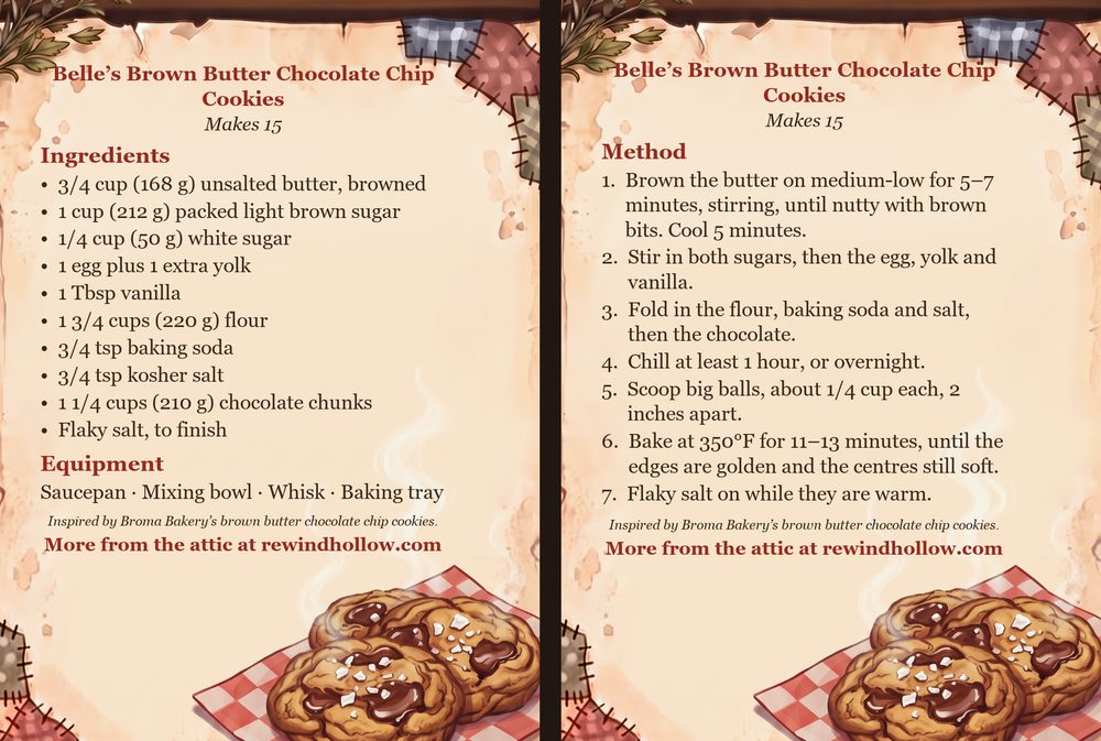 The printable recipe cards for Belle&rsquo;s Brown Butter Chocolate Chip Cookies: an Ingredients card and a Method card on aged parchment, side by side.