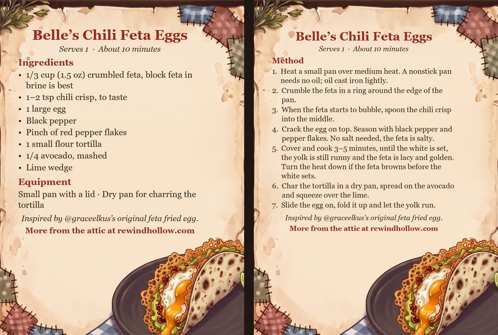 The printable recipe cards for Belle&rsquo;s Chili Feta Eggs: an Ingredients card and a Method card on aged parchment, side by side.