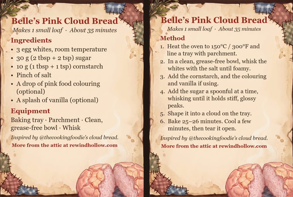 The printable recipe cards for Belle&rsquo;s Pink Cloud Bread: an Ingredients card and a Method card on aged parchment, side by side.