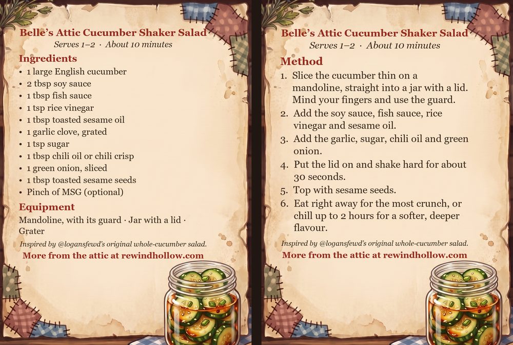 The printable recipe cards for Belle&rsquo;s Attic Cucumber Shaker Salad: an Ingredients card and a Method card on aged parchment, side by side.