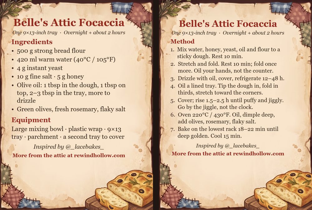 The printable recipe cards for Belle&rsquo;s Attic Focaccia: an Ingredients card and a Method card on aged parchment, side by side.