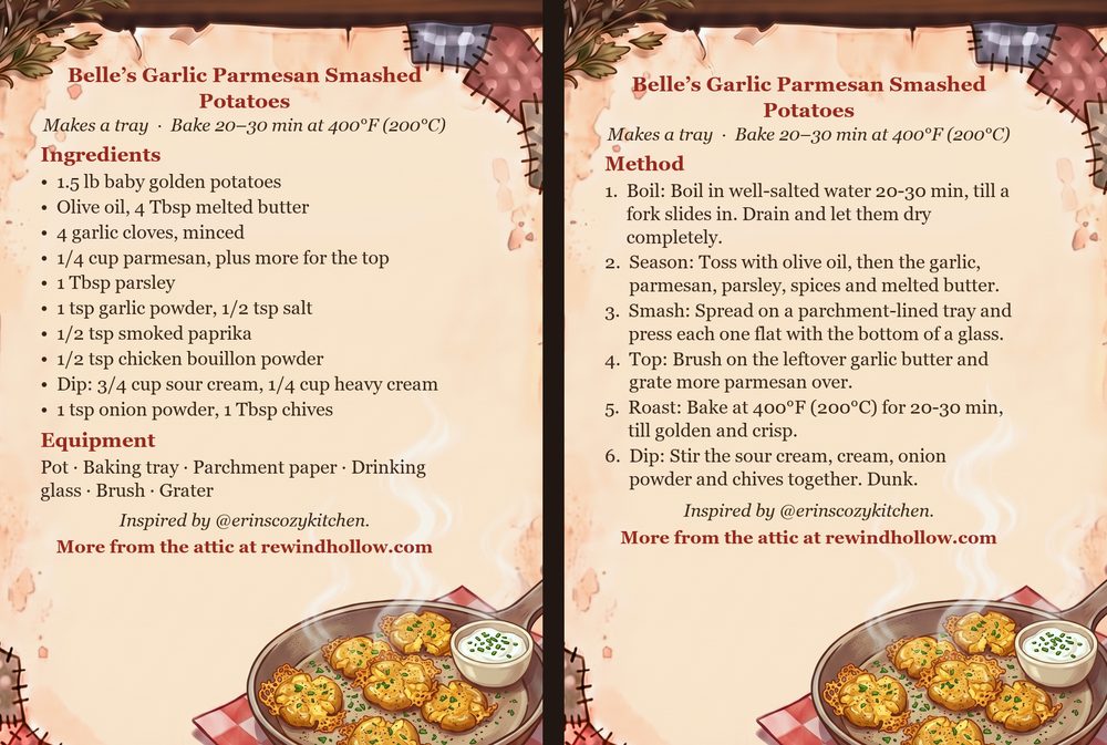 The printable recipe cards for Belle&rsquo;s Garlic Parmesan Smashed Potatoes: an Ingredients card and a Method card on aged parchment, side by side.
