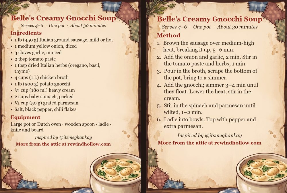 Two printable recipe cards on aged parchment, an Ingredients card and a Method card, side by side.