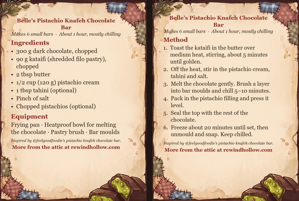 The printable recipe cards for Belle&rsquo;s Pistachio Knafeh Chocolate Bar: an Ingredients card and a Method card on aged parchment, side by side.