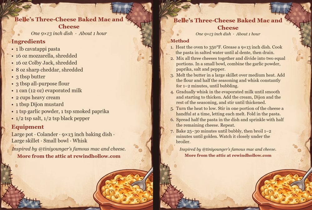 The printable recipe cards for Belle&rsquo;s Three-Cheese Baked Mac and Cheese: an Ingredients card and a Method card on aged parchment, side by side.