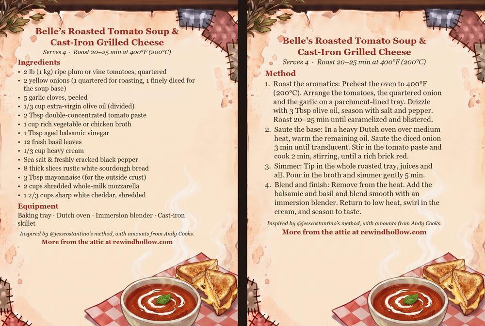 The printable recipe cards for Belle&rsquo;s Roasted Tomato Soup & Cast-Iron Grilled Cheese: an Ingredients card and a Method card on aged parchment, side by side.