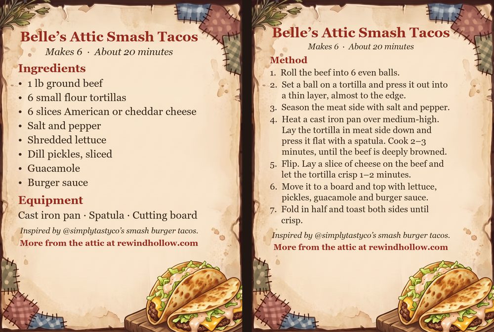 The printable recipe cards for Belle&rsquo;s Attic Smash Tacos: an Ingredients card and a Method card on aged parchment, side by side.