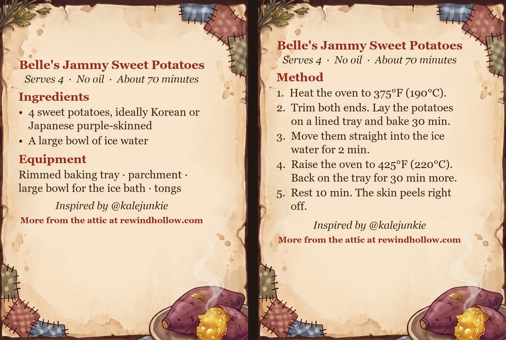 The printable recipe cards for Belle&rsquo;s Jammy Sweet Potatoes: an Ingredients card and a Method card on aged parchment, side by side.
