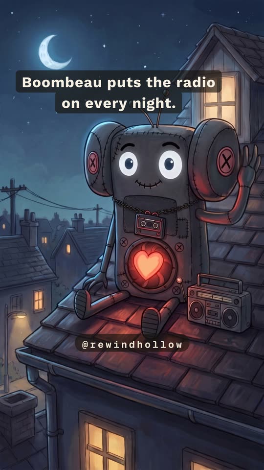 Boombeau, a stitched grey speaker toy with a glowing heart in his chest, sits on a moonlit rooftop beside a boombox.