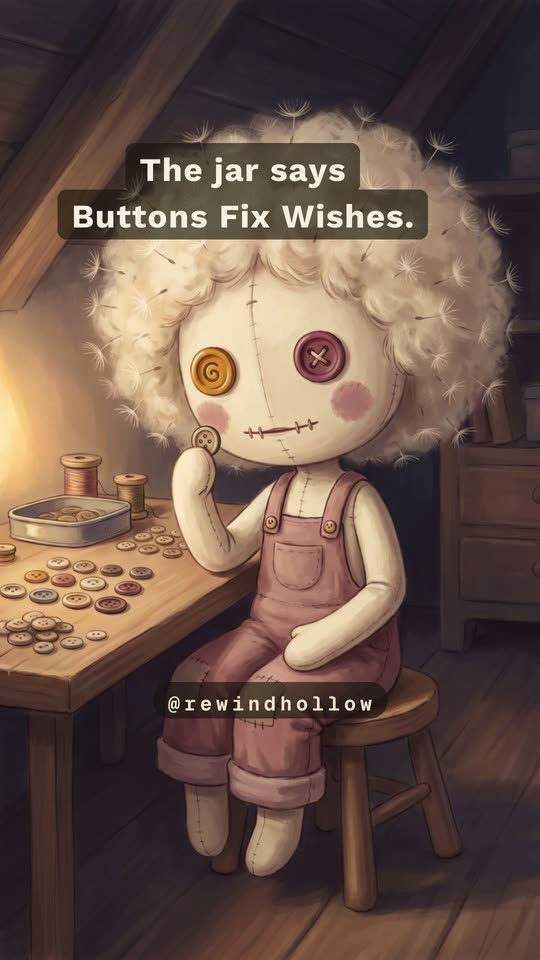 Dandelion Mend, a cream rag doll with a cloud of curls and two button eyes, sits at a table of sorted buttons.