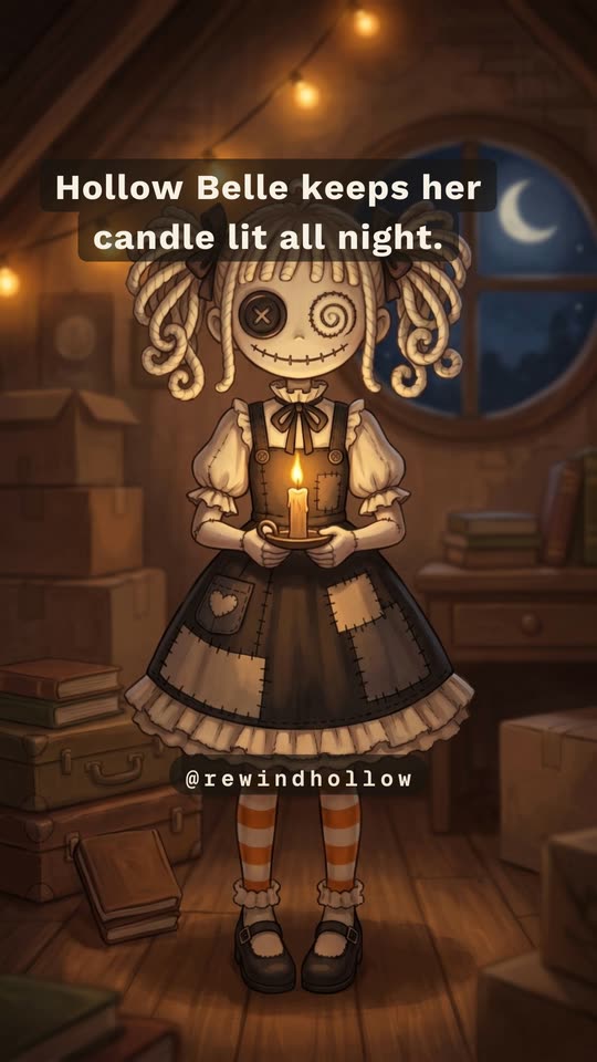 Hollow Belle, a rag doll with a spiral-stitch eye and striped stockings, holds a lit candle in the attic.