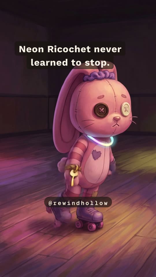 Neon Ricochet, a pink stitched bunny on roller skates with a glowing necklace, stands on a dark wooden floor.