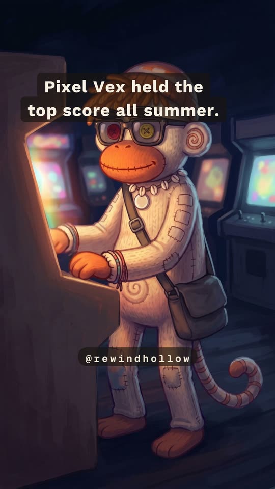 Pixel Vex, a stitched sock monkey in a cap and dark glasses, plays an arcade machine.