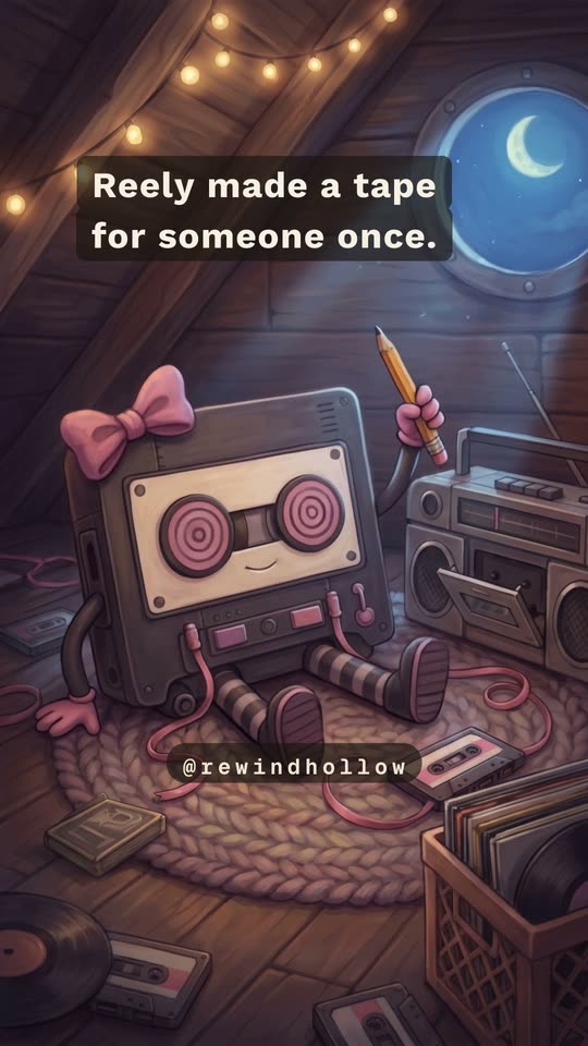 Reely, a cassette-tape toy with a pink bow and spiral reel eyes, sits on a braided rug beside a boombox, holding a pencil.