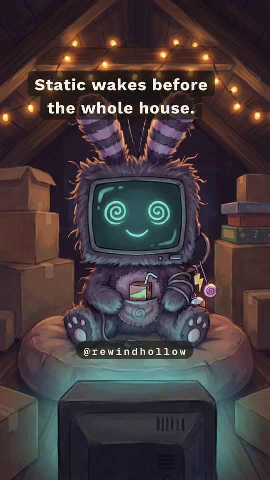 Static, a furry television toy with a green screen face and striped antenna ears, sits on a cushion in front of an old TV.