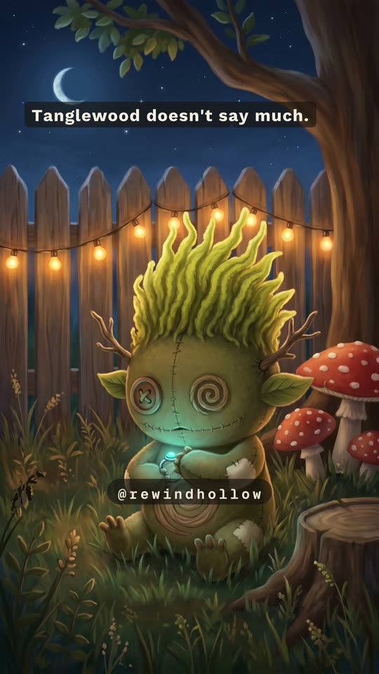 Tanglewood, a green stitched creature with moss hair, sits in the grass by a string-lit fence and red mushrooms at night.