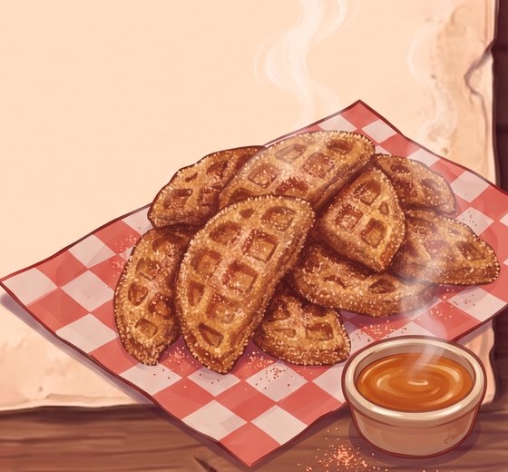 Painted golden waffled apple slices dusted with cinnamon sugar, piled on a red checked paper with a small cup of caramel and steam rising.
