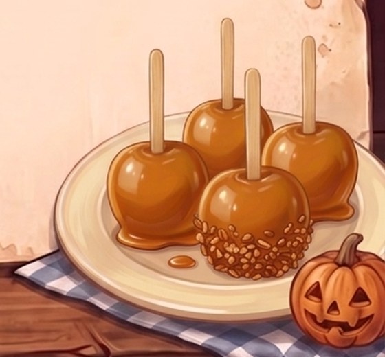 A painted plate of four glossy caramel apples on wooden sticks, one rolled in chopped pecans, beside a small carved pumpkin on a blue checked cloth.