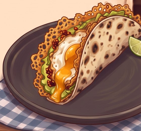 A painted charred tortilla folded around a runny egg yolk, avocado and a lacy golden feta edge, on a dark plate with a lime wedge, on a gingham cloth.