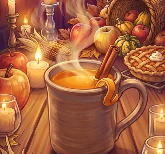 A painted ceramic mug of steaming amber apple cider with a cinnamon stick and orange peel, on a candlelit Thanksgiving table with a cornucopia, pies and dried corn.