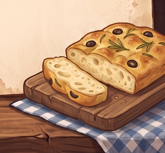 A painted golden focaccia with olives and rosemary on a wooden board, one slice cut away.
