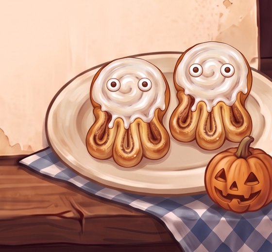 A painted plate of two iced cinnamon roll ghosts, each a spiral head with two round eyes and loops for a tail, beside a small carved pumpkin on a blue checked cloth.
