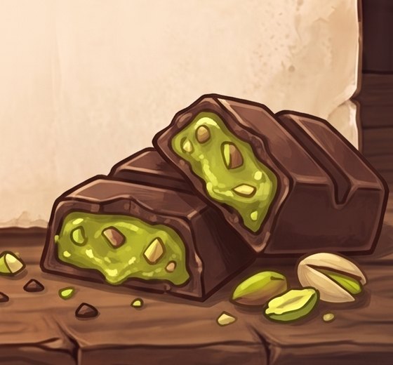 A painted dark chocolate bar broken open to show a bright green pistachio filling, with pistachios and crumbs on a wooden shelf.