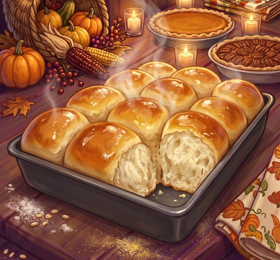 A dark metal pan of twelve golden, glossy buttered dinner rolls, one pulled open to show the soft inside, on a candlelit Thanksgiving table with pies and a cornucopia.