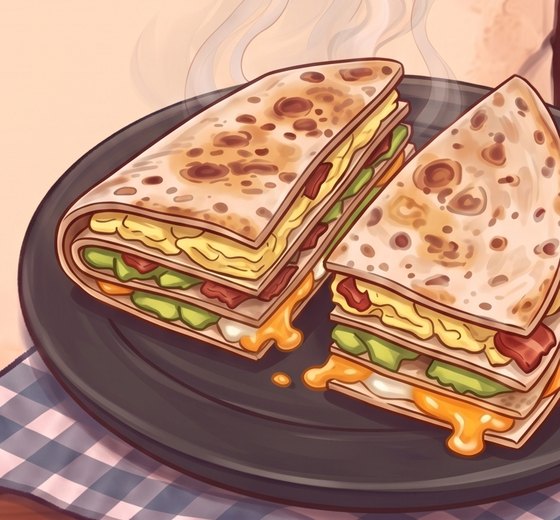 A painted toasted tortilla wrap cut in half on a dark plate, showing layers of egg, bacon, avocado and melted cheese, with steam rising.