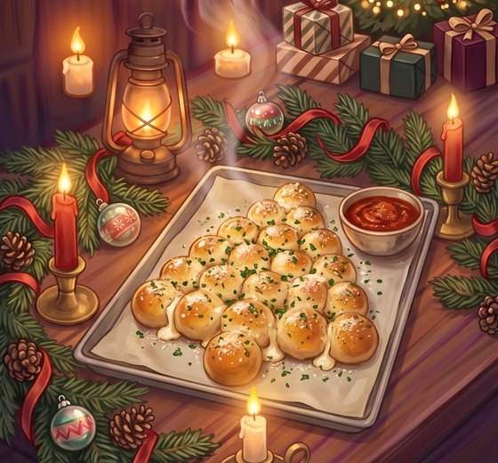A golden pull-apart bread shaped like a Christmas tree on a parchment-lined baking sheet, sprinkled with parsley and parmesan, with a bowl of marinara, in a candlelit attic with a lit Christmas tree and snow at the window.