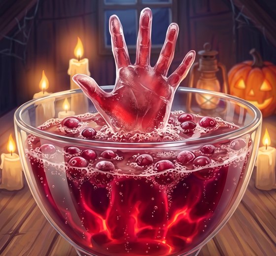 A painted glass punch bowl of fizzy ruby-red cranberry punch with a frozen red ice hand rising out of it, cranberries floating, candles and a carved pumpkin behind.