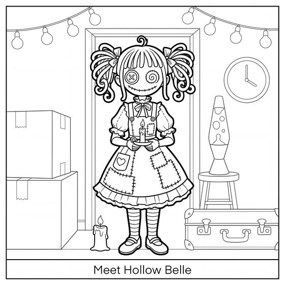 Line art page from Little Rewind: Hollow Belle in an attic doorway holding a lit candle, uncoloured and ready for markers.