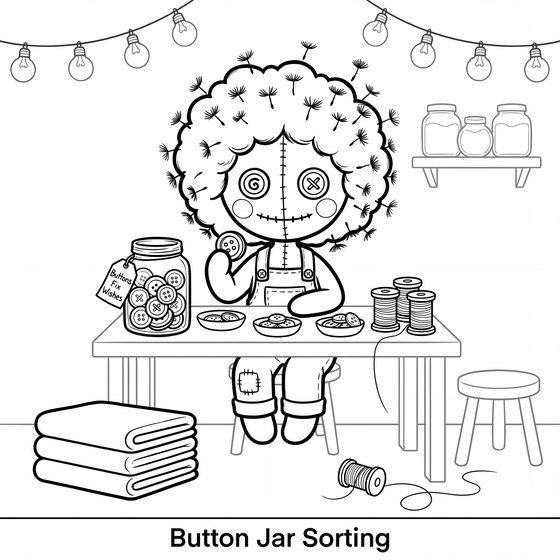 Line art page: buttons being sorted out of a jar onto a craft table.