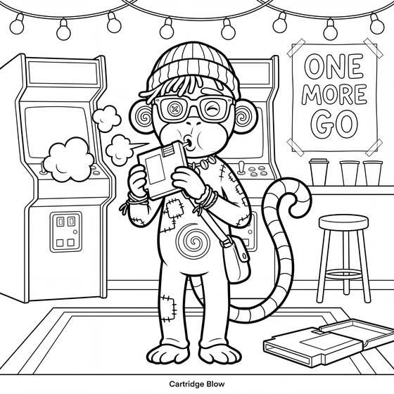 Line art page: a toy blows into a game cartridge in front of a row of arcade cabinets.