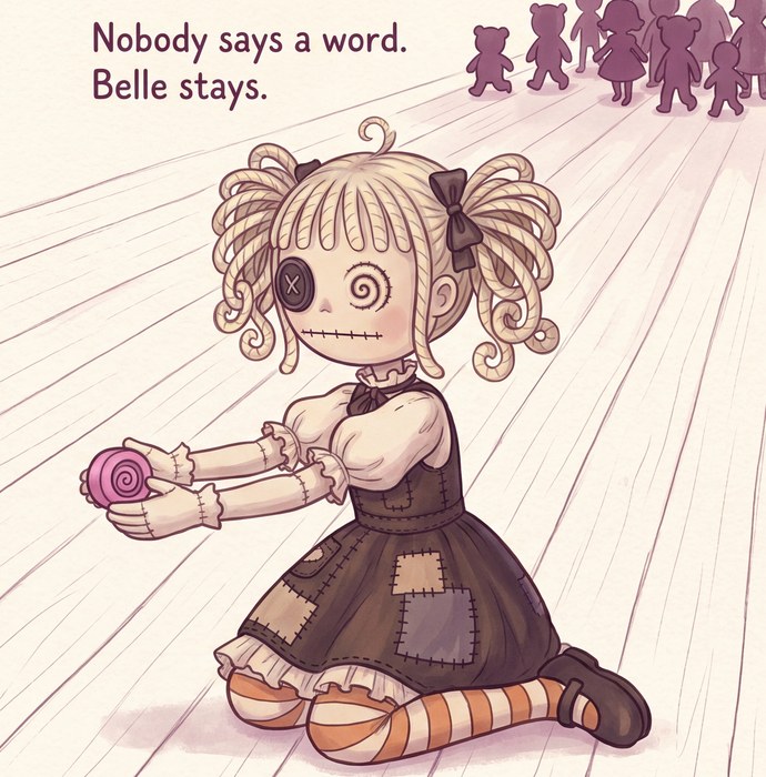 Page from One Whole Turn: Hollow Belle kneels on the floor in a pool of light while the other toys file away behind her. The text reads, Nobody says a word. Belle stays.