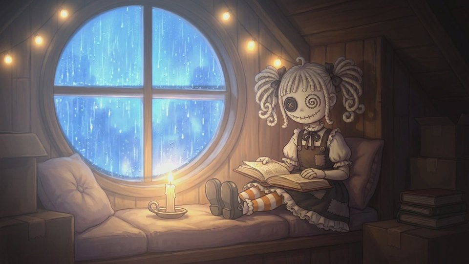 Hollow Belle, a stitched rag doll with a spiral eye, reads a book on a window seat by candlelight while rain runs down a round attic window.