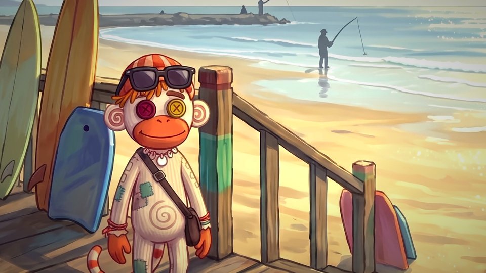 Pixel Vex, a stitched sock monkey in sunglasses and a striped cap, stands on a wooden beach stairway beside surfboards, with a fisherman on the shore behind him.